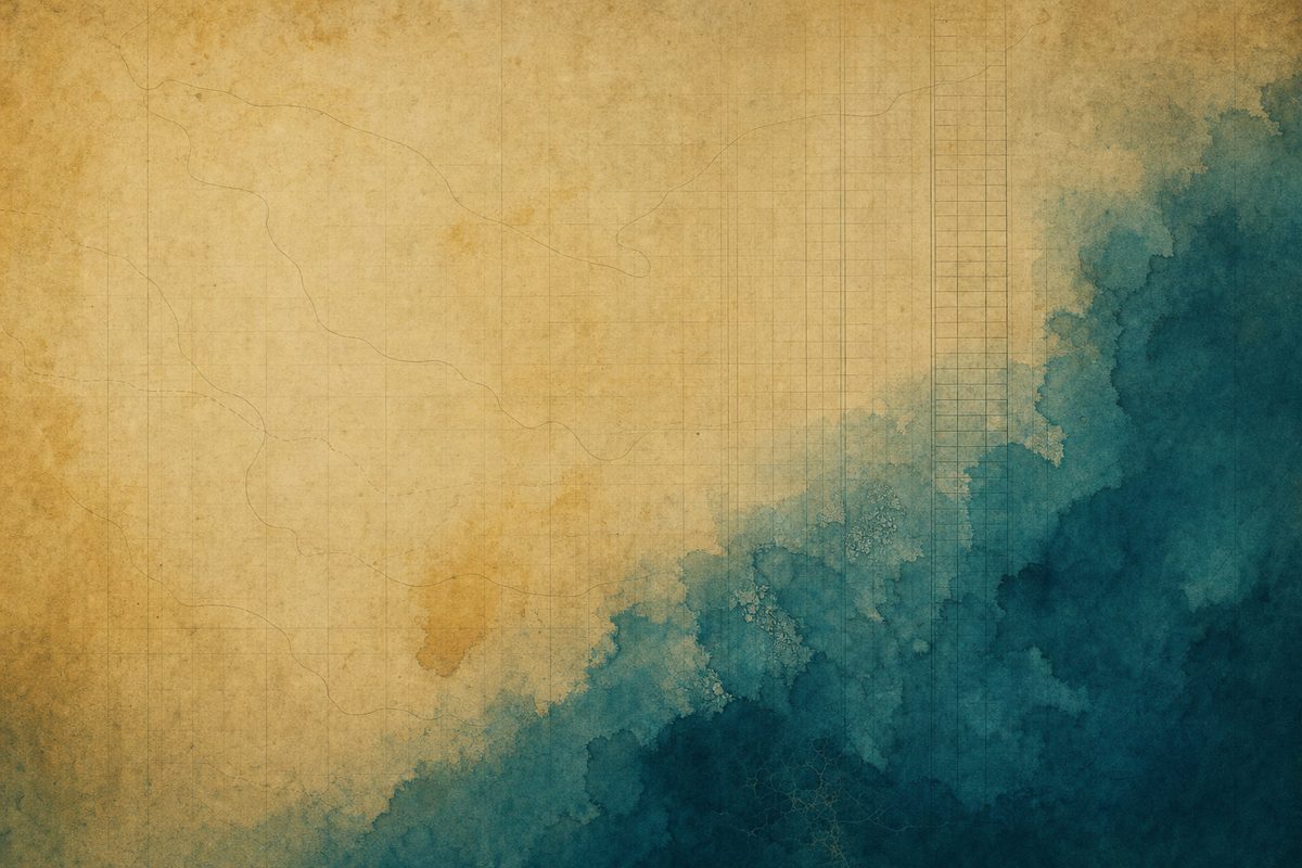 Faded ledger paper with a faint grid dissolving into a deep teal wash