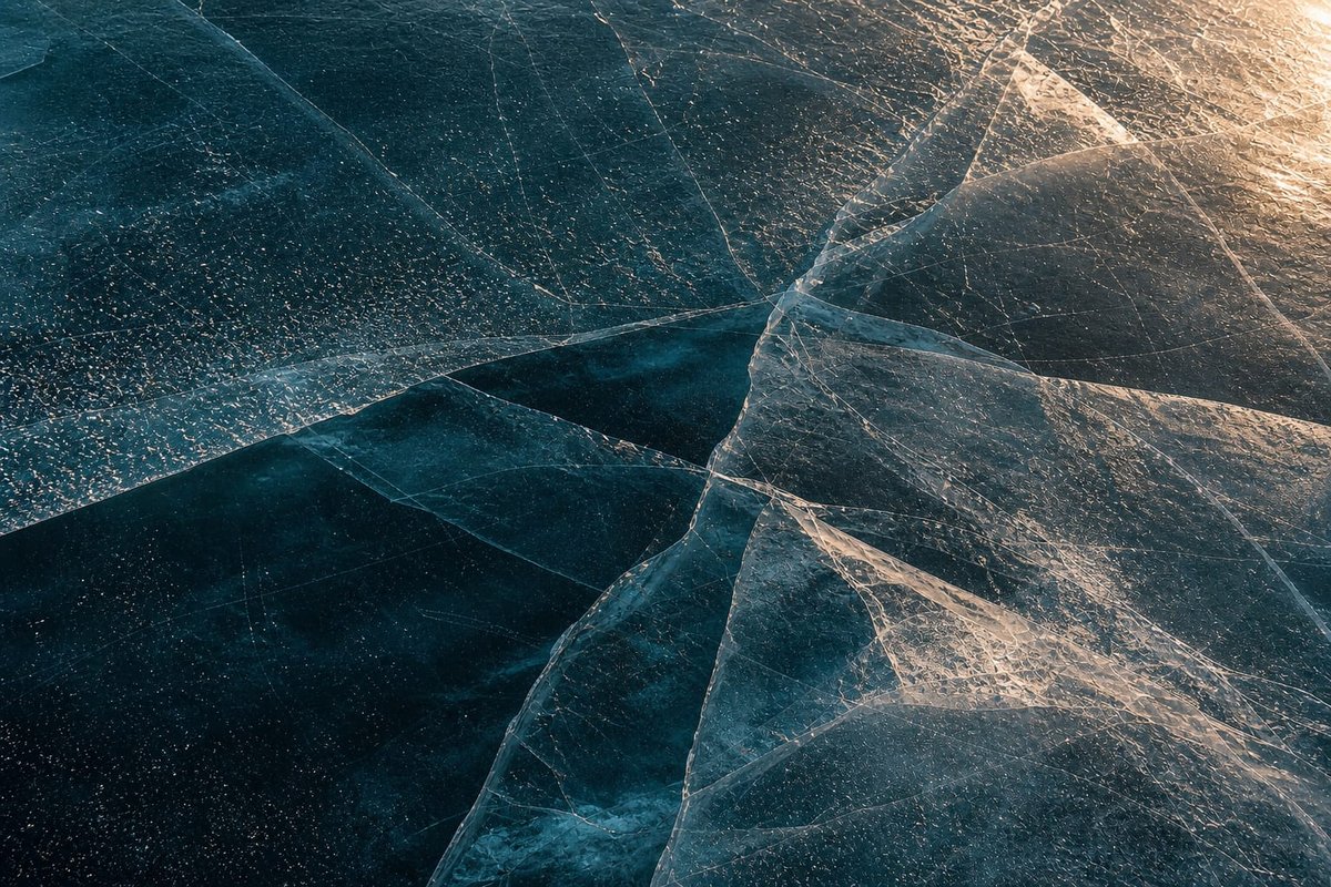 Macro abstract of cracked translucent ice over dark water